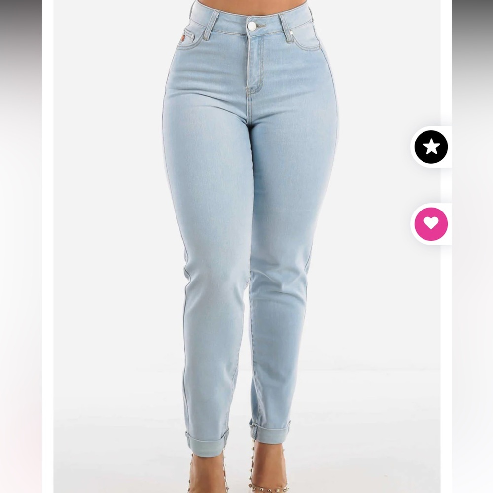 High Waisted Cuffed Skinny Jeans Light Wash